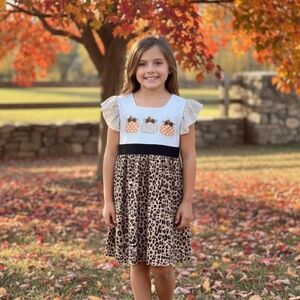 Boutique Style Bow Pumpkins Tunic Dress Girls 7/8 Embroidered Ruffle Sleeves